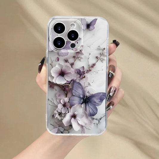 Purple Butterfly Floral Motif Phone Case For iPhone 17 16 15 14 13 12 11 Pro Max Plus Slim Protective Cover