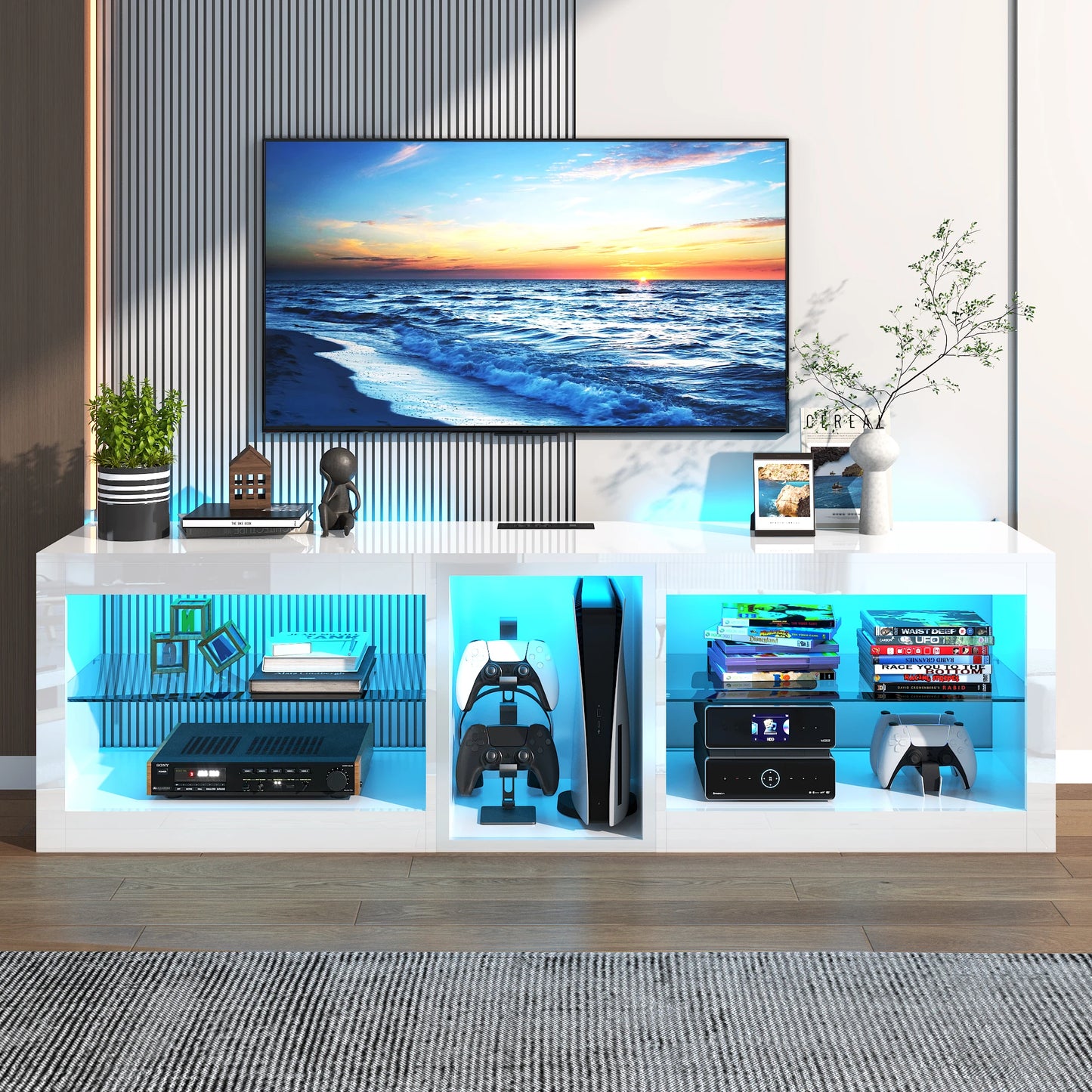 63" LED TV Stand for Televisions up to 70In, TV Cabinet with Adjustable Glass Storage Shelves, Modern LED Entertainment Center