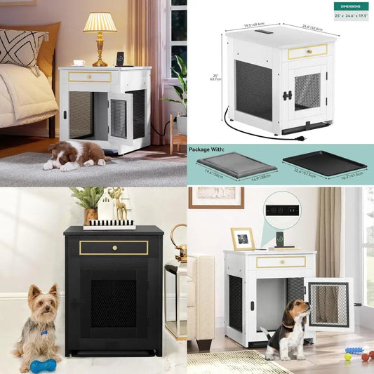 YITAHOME Dog Crate Furniture with Dual USB Charger, Wooden Dog Kennel End Table with Cushion Tray, Drawer for Small Dogs Under 2