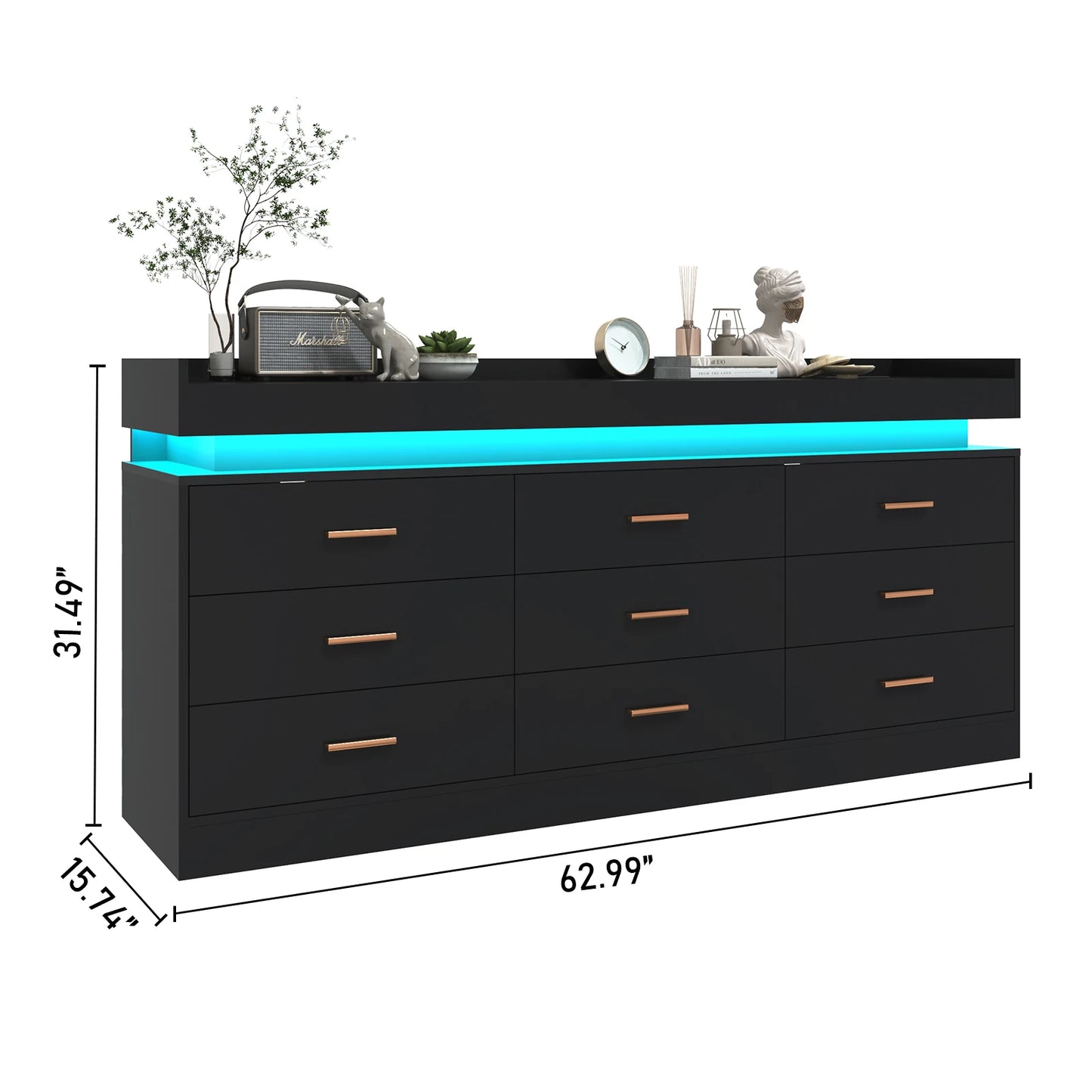 9 Drawer Dresser with LED Light and Charging Station, Modern Chest of Drawers for Closet, Wide Drawer Organizer Cabinet