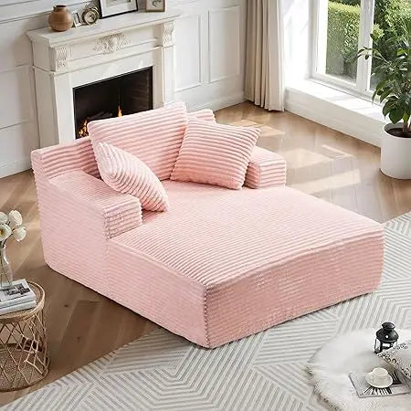 Oversized Chaise Lounge Chair - Corduroy Recliner with Deep Seat & 3 Throw Pillows, Upholstered Sleeper SofaBed for Living Room,