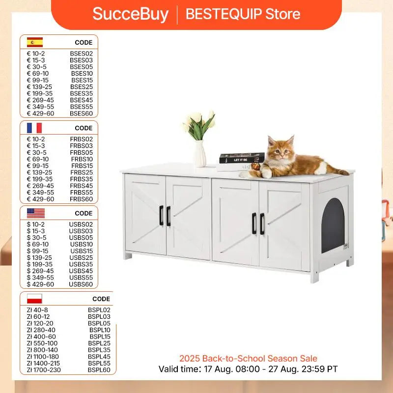 SucceBuy Cat Litter Box Enclosure for 2 Cats Litter Box Furniture Hidden Wooden Cat Box Cabinet Fit Most of Litter Box White