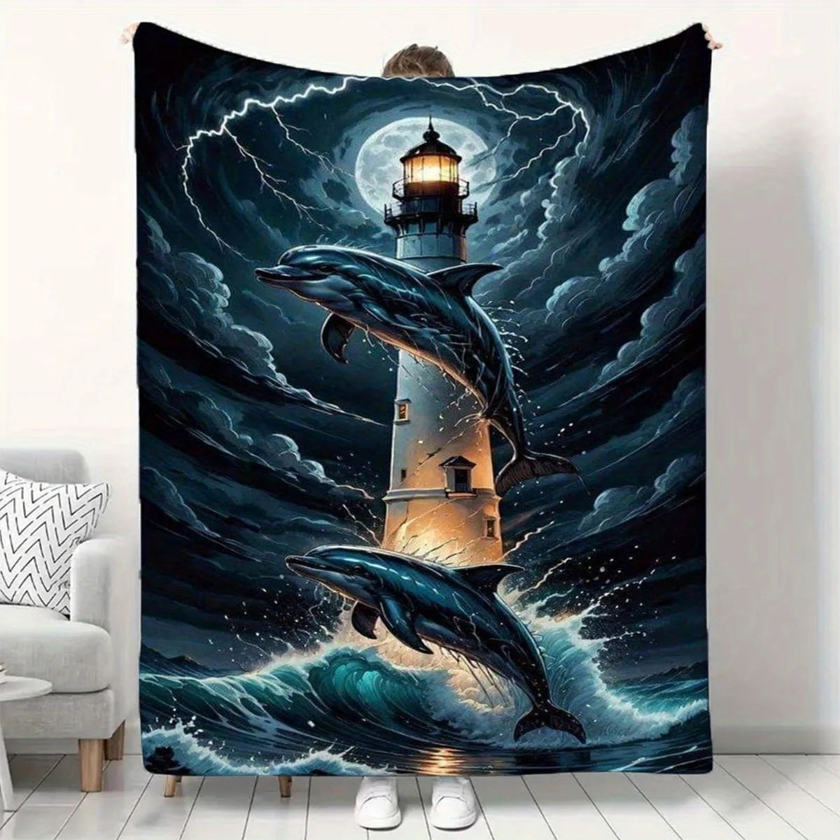 Dolphin and Lighthouse Print Polyester Flannel Blanket - Soft, Warm, Lightweight, Suitable for Sofa, Bed, Travel, Camping, Offic