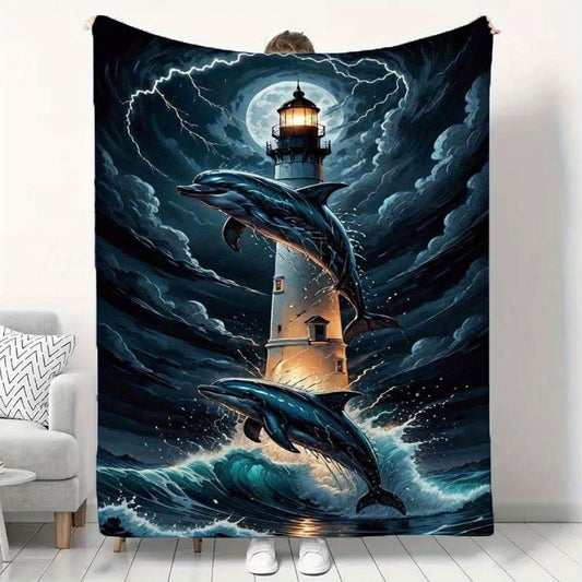 Dolphin and Lighthouse Print Polyester Flannel Blanket - Soft, Warm, Lightweight, Suitable for Sofa, Bed, Travel, Camping, Offic
