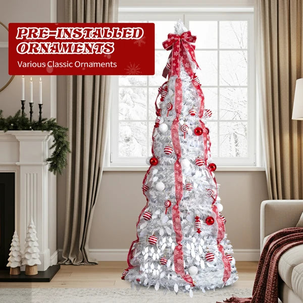 7 FT Fully Decorated Pre-lit Christmas Tree, Pop Up Artificial Xmas Tree with 170 Warm Lights and Red Ornaments for Home Office Store Holiday Deco, White