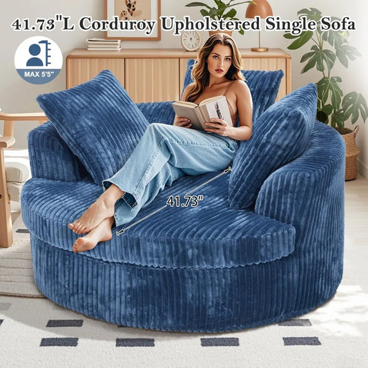 59 Inch Oversized Chaise Lounge Chair Indoor, Round Corduroy Chaise Lounge Sofa Bed with Throw Pillows and Backrest, Plush Sleep