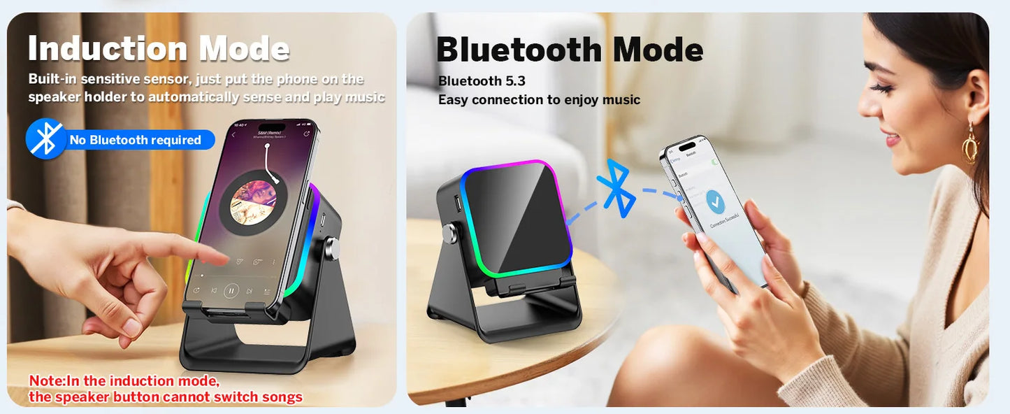 5-in-1 Wireless Charging Speaker Phone Stand with RGB Light and Bluetooth Audio