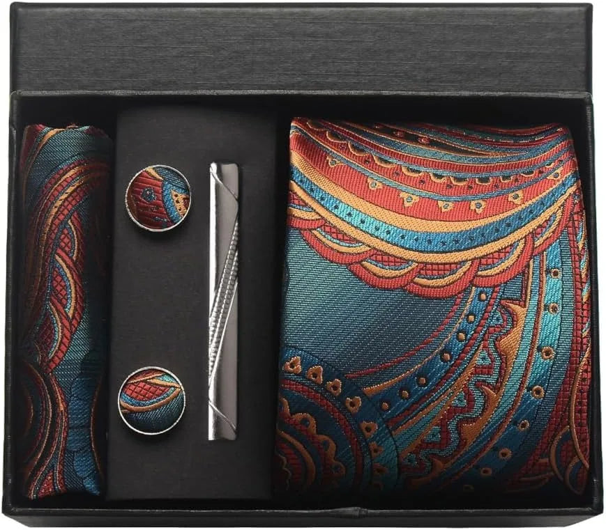 Luxury 100% Silk Paisley Floral Men’s Necktie Set | Business Tie with Matching Pocket Square & Formal Accessories