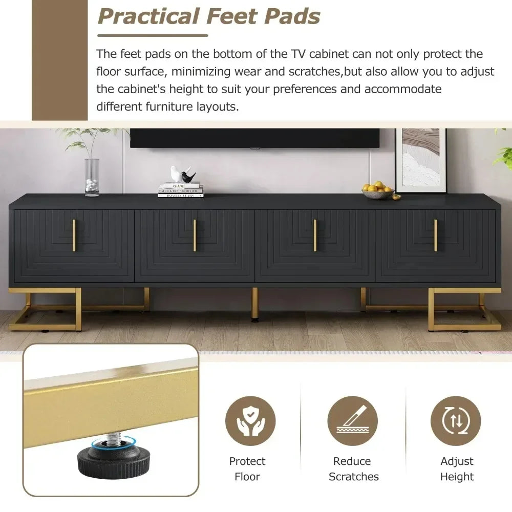 TV Stand for 80 inch TV with Golden Legs and Handles, with Cabinets and Adjustable Shelves,Modern Wood TV Cabinet
