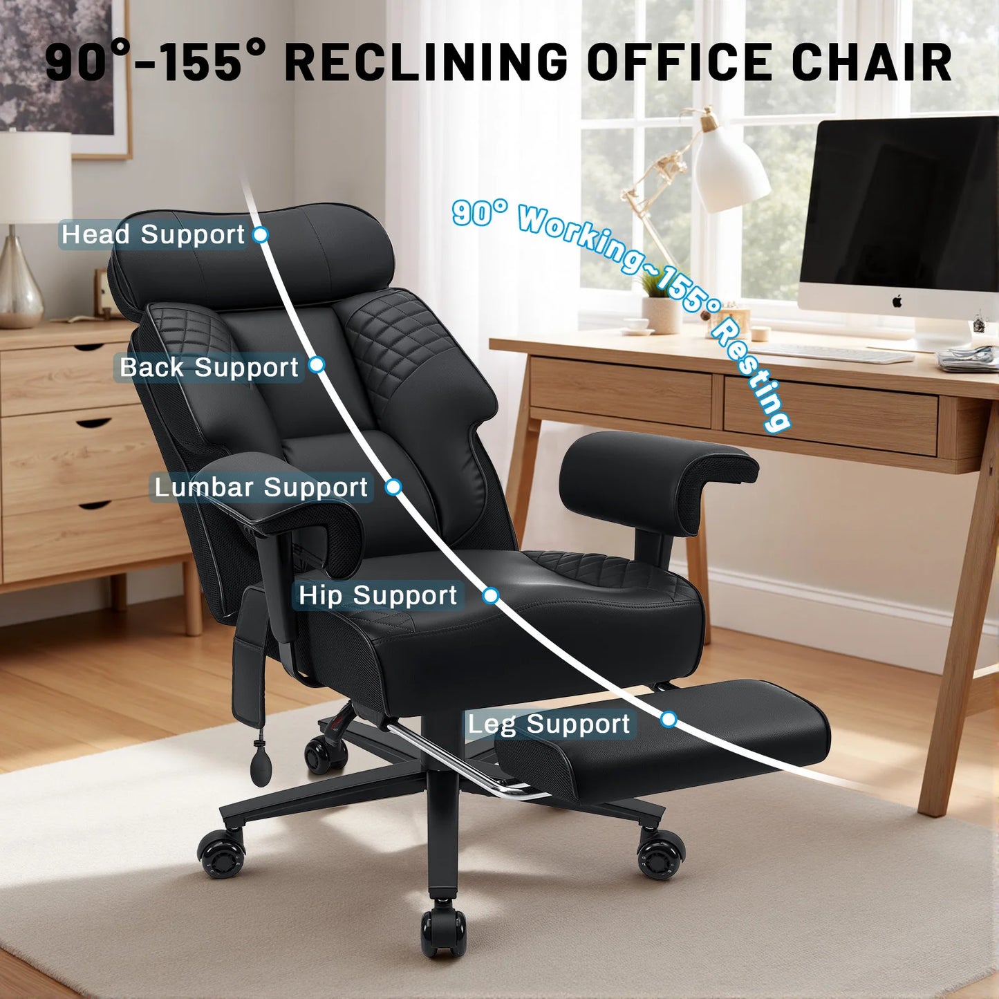 Executive Office Chair with Footrest, Adjustable Headrest & Lumbar Support, Ergonomic High Back Reclining Desk Chair
