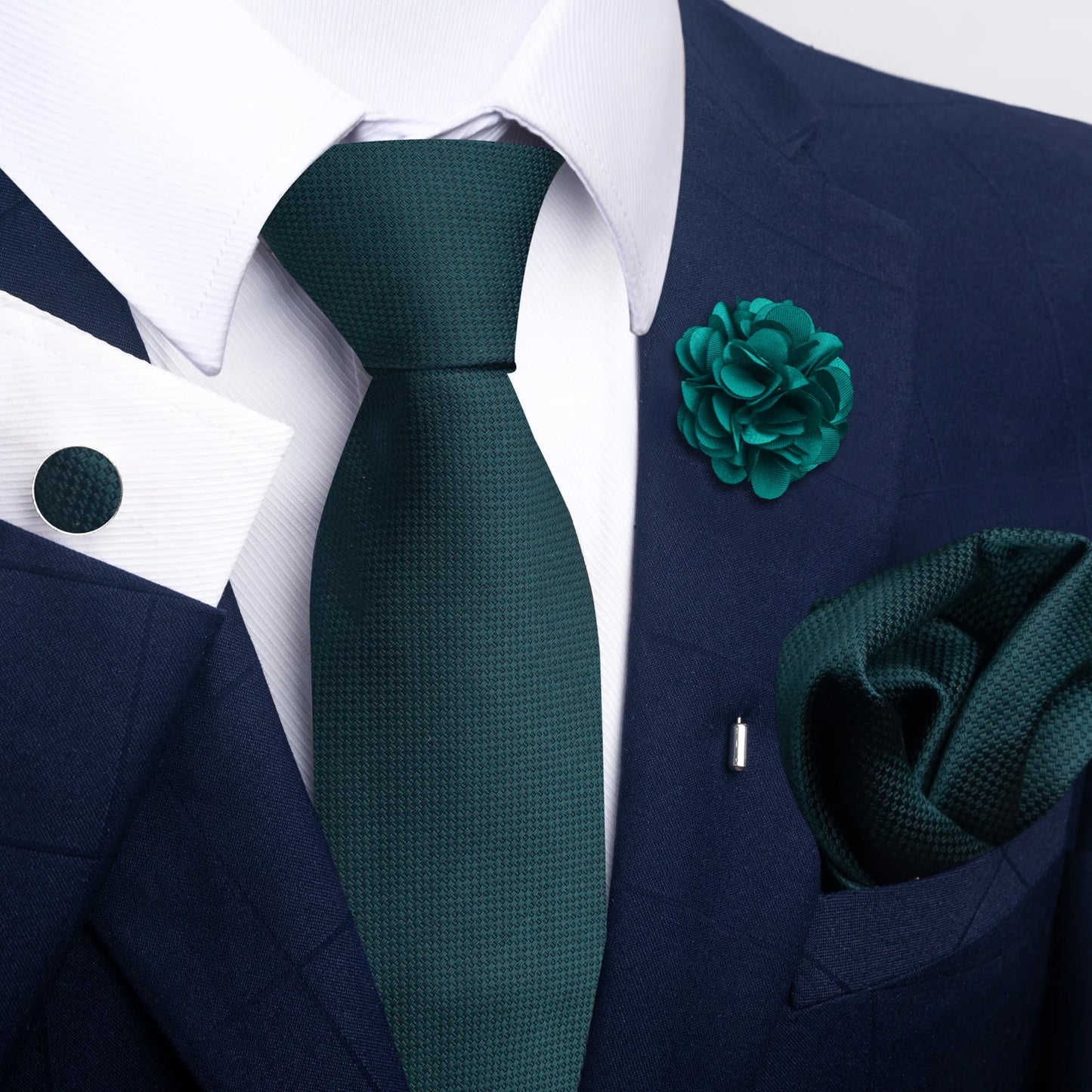 Luxury Green Floral Men’s Necktie Set .Tie, Pocket Square & Cufflinks