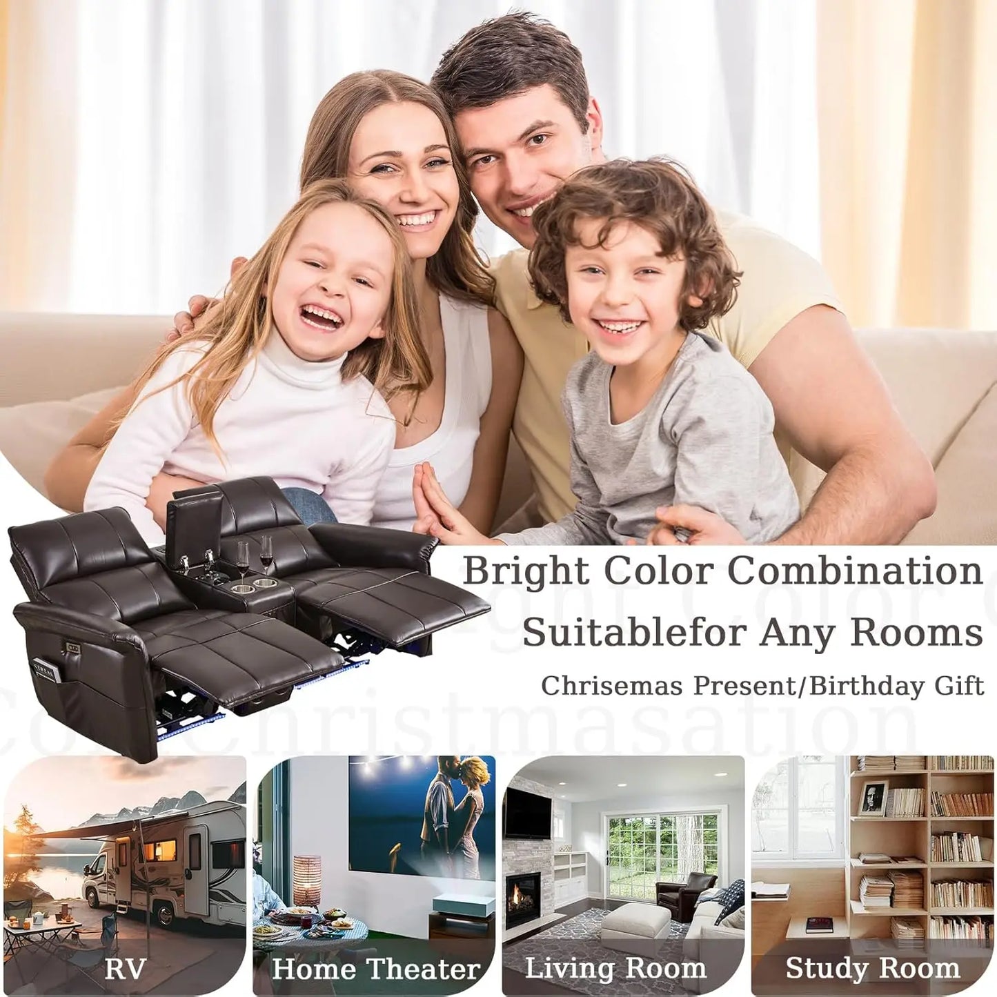 Power Reclining Loveseat Sofa Wall Hugger Recliners RV Sofa Theater Seating Electric Double Recliner with Cup Holders, 72