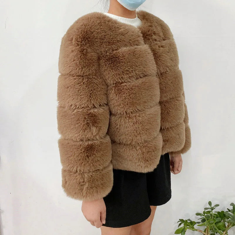 Women's Faux Fur Jacket . Plush Cropped Winter Coat with High Collar