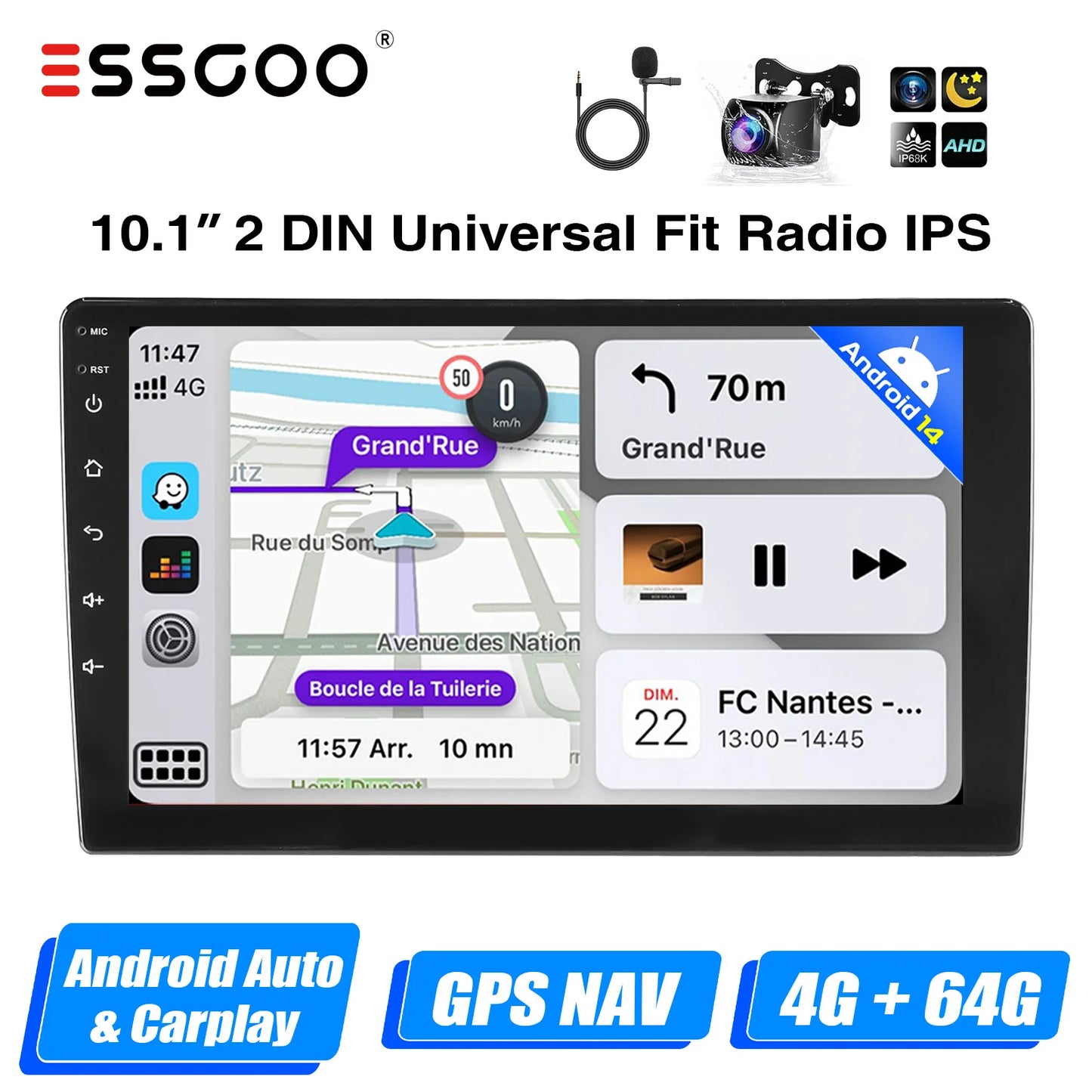 ESSGOO Android 14 Car Stereo  2 DIN Touchscreen with Wireless CarPlay, Android Auto, GPS Navigation & Bluetooth