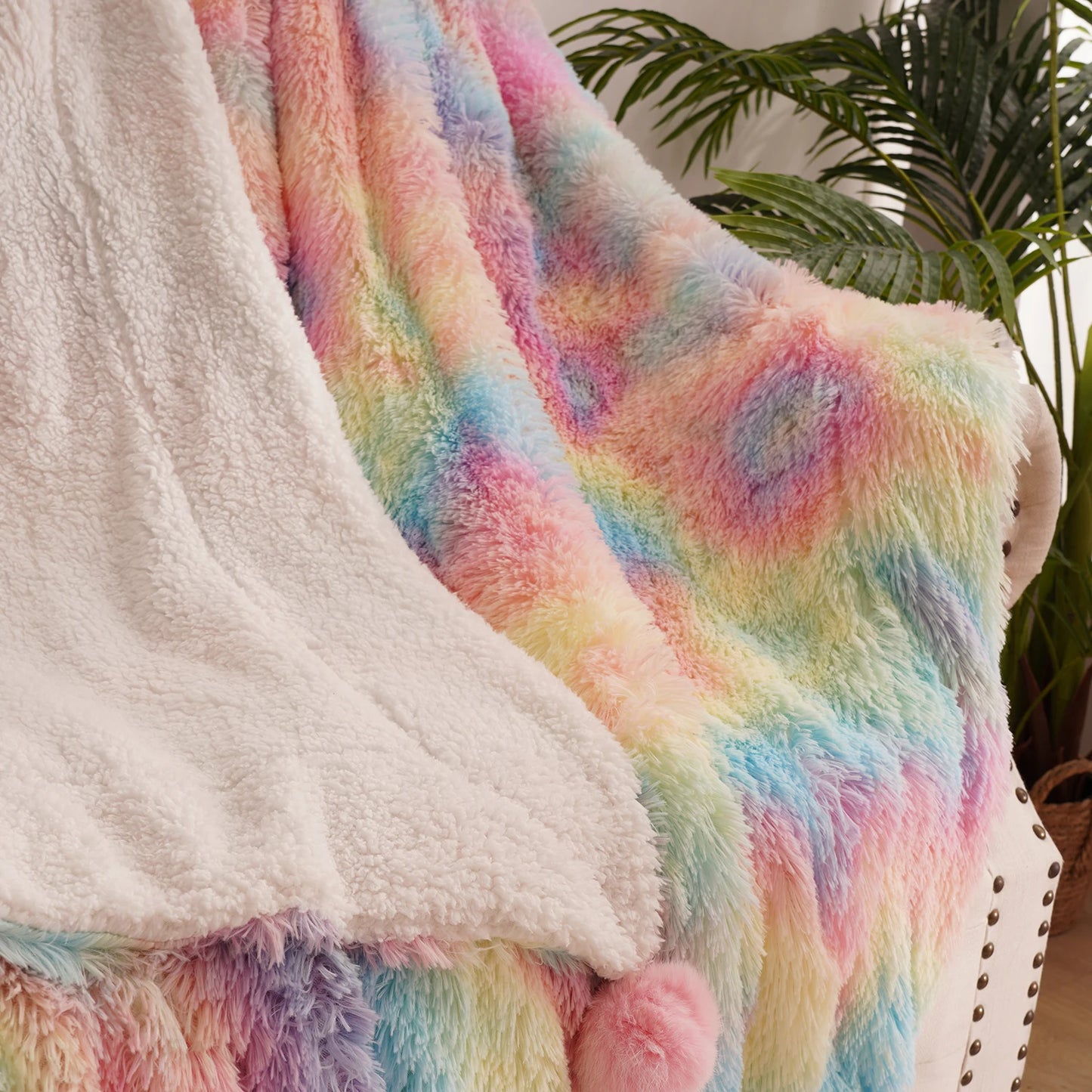 Soft Rainbow Fluffy Plush Blanket Bedspread For Home Use