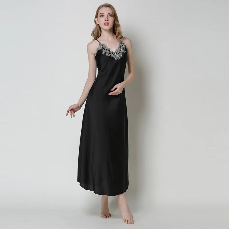 Women's Long Satin Nightgown.  Lace Trim Sleeveless Maxi Sleepwear