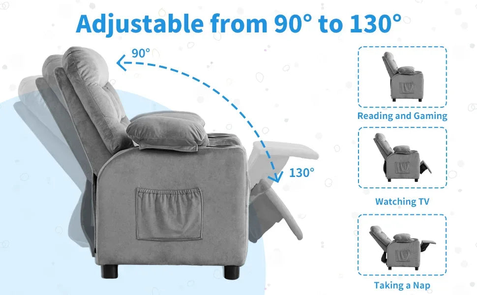 Toddlers Kids Recliner Chair Ergonomic Adjustable  Chair Footrest & Side Pockets Baby Sofa for Boys and Girls Bedroom (Gray)