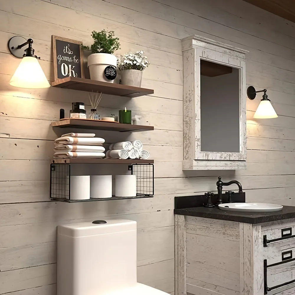 Wall Mounted Floating Shelves Triple Tier Wood Bathroom