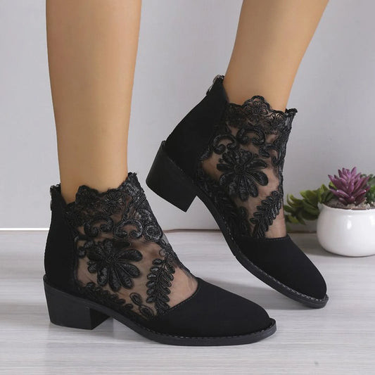 Women’s Floral Lace Peep Toe Ankle Bootie Heels . Elegant Dress Shoes