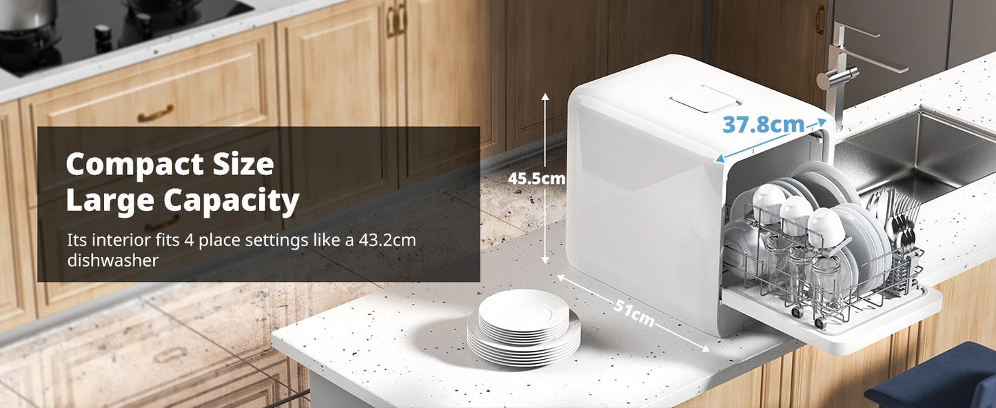 Portable countertop dishwasher with 5-liter tank features 14.6-inch ultra-narrow design, 9 programs, 24-hour delayed start