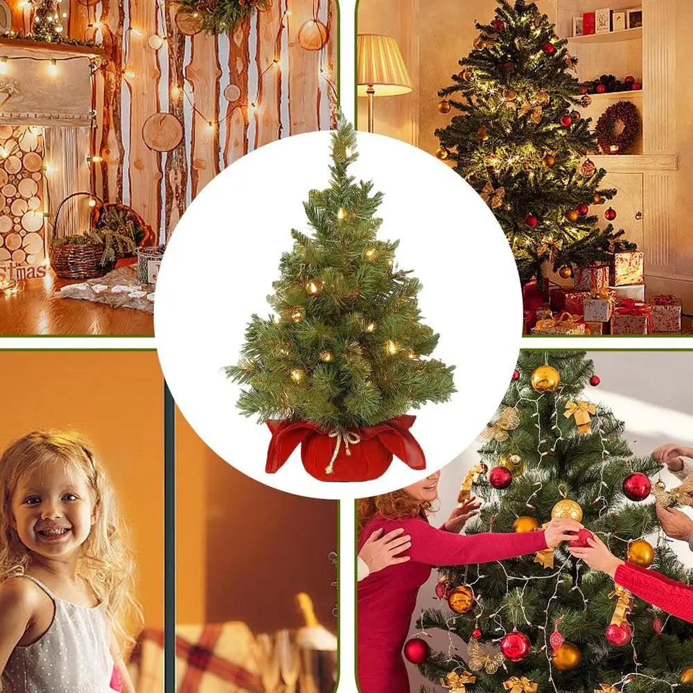 Pre-Lit Artificial Pine Christmas Tree . 60cm Mini Tabletop Christmas Tree with Warm LED Lights & Burlap Base