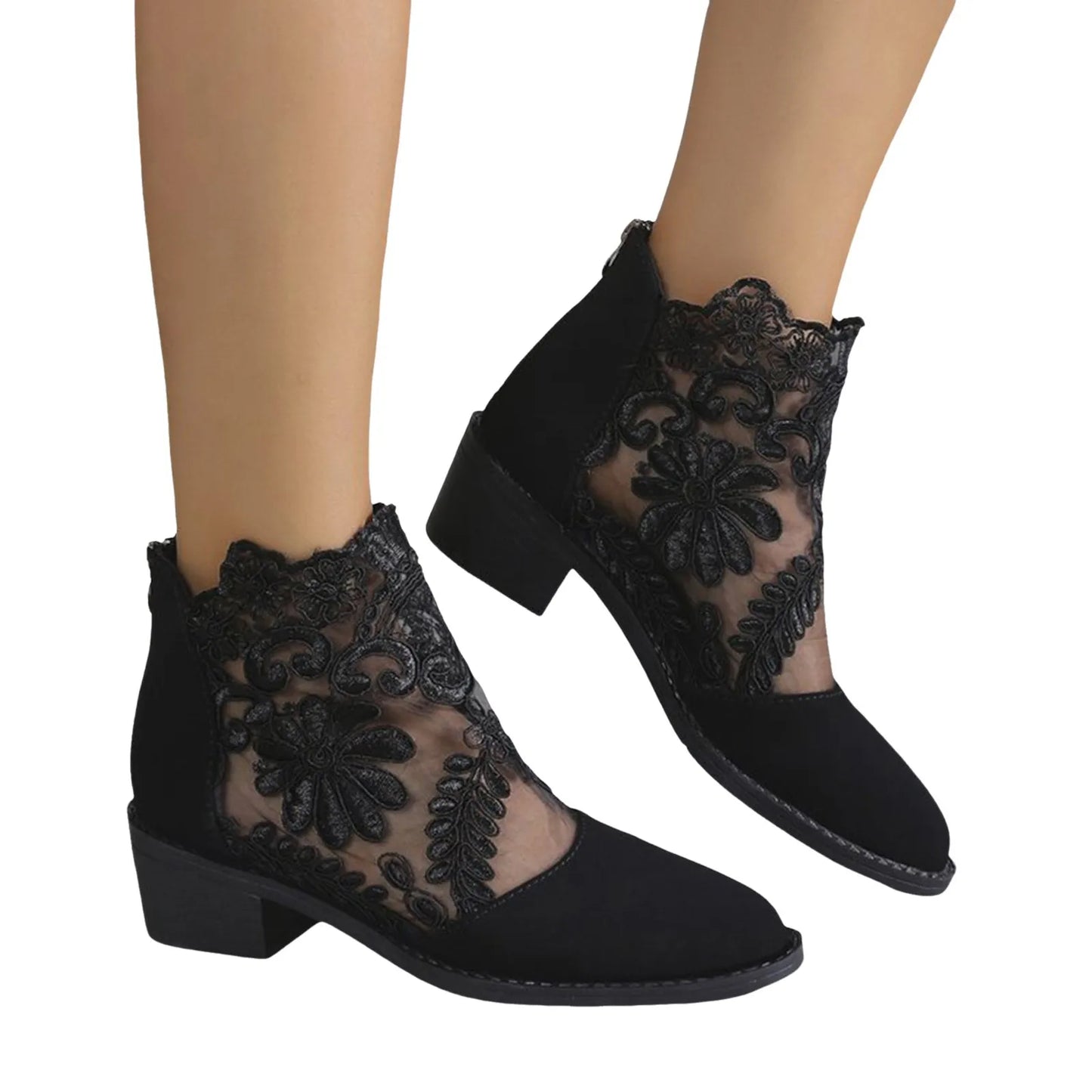 Women's Sandals Embroidery Fish Mouth Shoes Mid-Heel Large Size Women's Shoes Breathable Women's Shoes Lace Mesh High Heels
