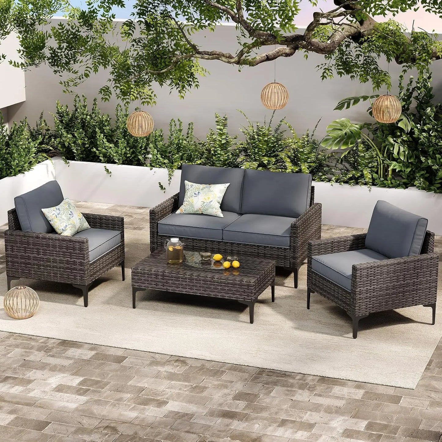 Modern 4 Piece Outdoor Wicker Patio Conversation Set with Loveseat & Coffee Table