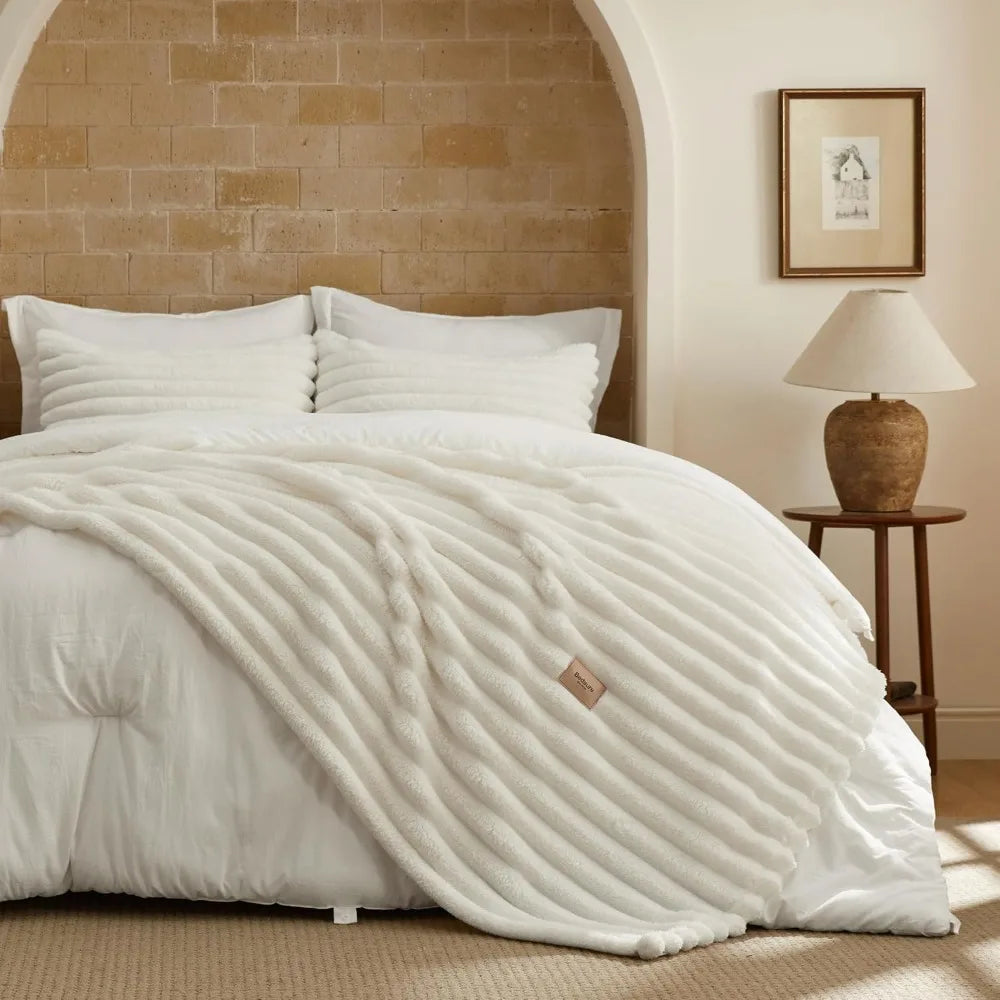 Gentlesoft 2-in-1 Queen Comforter Set and Detachable Fluffy Blanket, Cream White Bedding Set for All Season Use, SnapTec