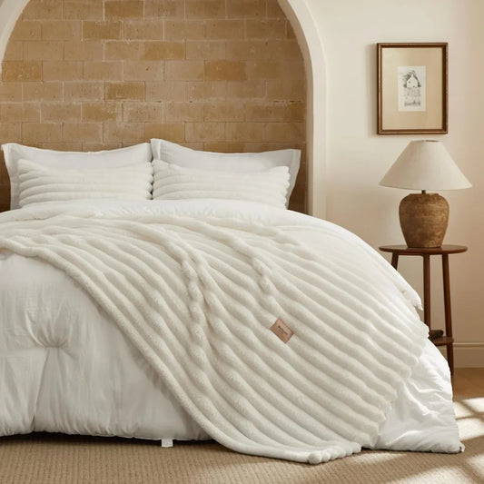 Gentlesoft 2-in-1 Queen Comforter Set and Detachable Fluffy Blanket, Cream White Bedding Set for All Season Use, SnapTec