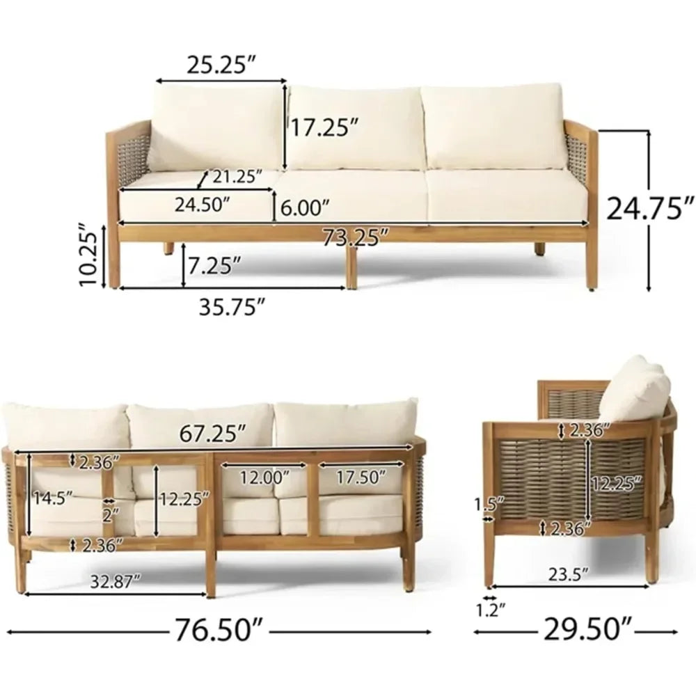 Outdoor Acacia Wood Wicker 3 Seater Patio Sofa Conversation Set