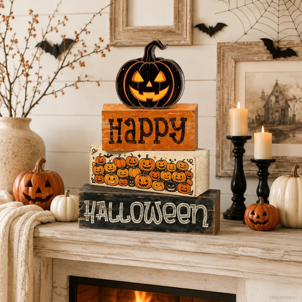 4-Piece Halloween Tiered Tray Décor Set . Rustic Farmhouse Wooden Signs for Halloween Home, Kitchen & Coffee Bar Decorations