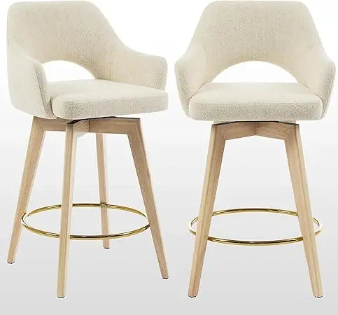 Swivel Counter Stools Set of 2, Raw Wood Tone Counter Height Bar Stools with Ergonomic Back, Soft Linen Fabric Island Chairs wi