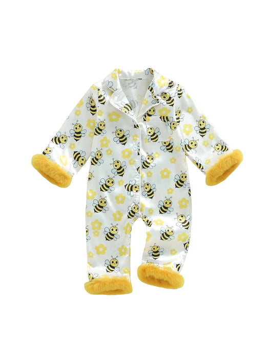 Adorable Infant Girl Sleepwear Set with Bee and Flower Print Cozy Fuzzy Trim Long Sleeve Button-up Jumpsuit for Fall