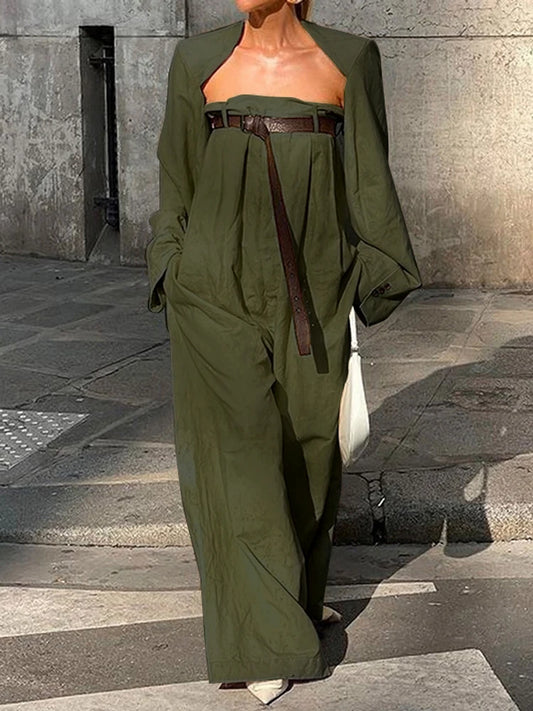 2025 New Fashion Buttoned Long Sleeves Collarless Outerwear Top + Wide Leg Belted Jumpsuits Sets for women 2 pieces