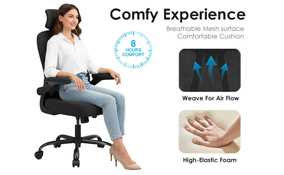Ergonomic High Back Office Chair with Adjustable Headrest, Lumbar Support, Flip-Up Armrests & Reclining Computer Desk Chair