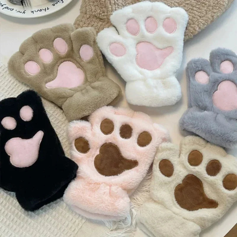 Lovely Plush Cat Claw Paw Gloves Short Fingerless Mittens