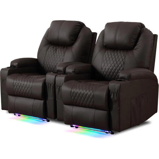 Power Recliner Chair with Vibration Massage & Heat for Adults, Faux Leather Home Theater Seating with Cup Holders/LED Lights/US