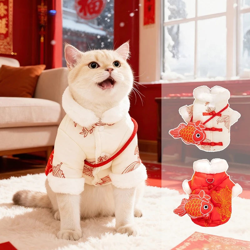 New Year Dog Dragon Robe Costume Warm Cat Cheongsam Winter Pet Vest of The Tang Dynasty Christmas Coat for Cat Teddy Bichon Dogs