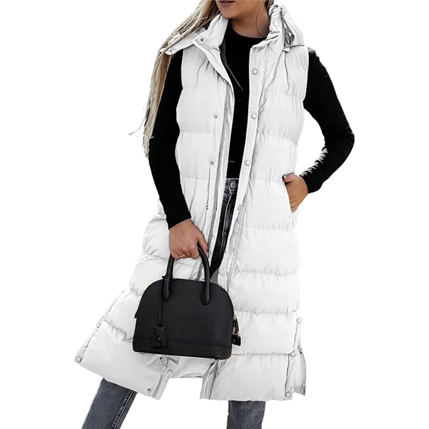 Women s Quilted Puffer Vest with Hood Sleeveless Zip-Up Winter Jacket Solid Color Warm Coat with Pockets for Cold Weather