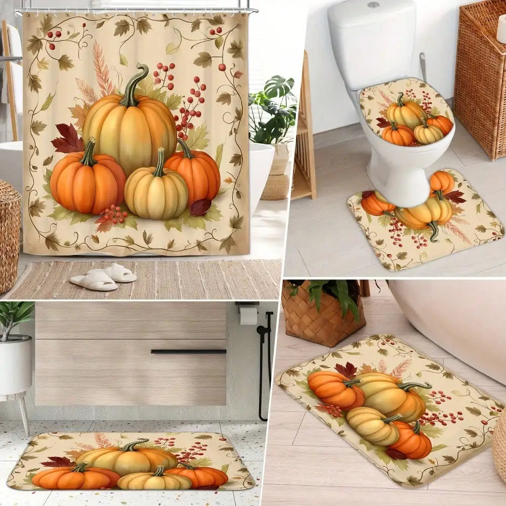 4-Piece Fall Pumpkin Shower Curtain Set – Thanksgiving Bathroom Décor with Bath Mat, Toilet Lid Cover & Rug