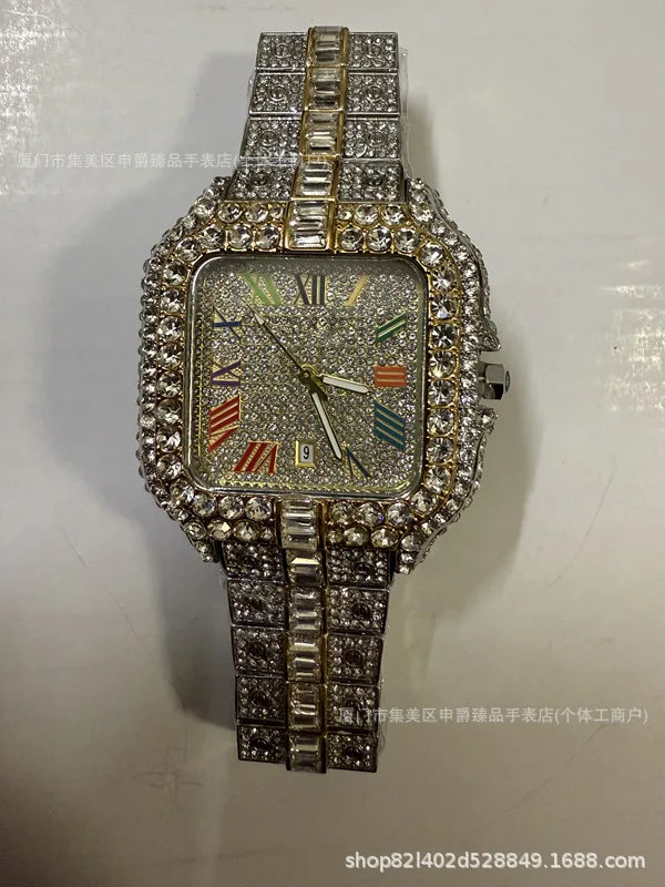 Luxury Iced-Out Square Men’s Watch. Diamond Style Fashion Timepiece