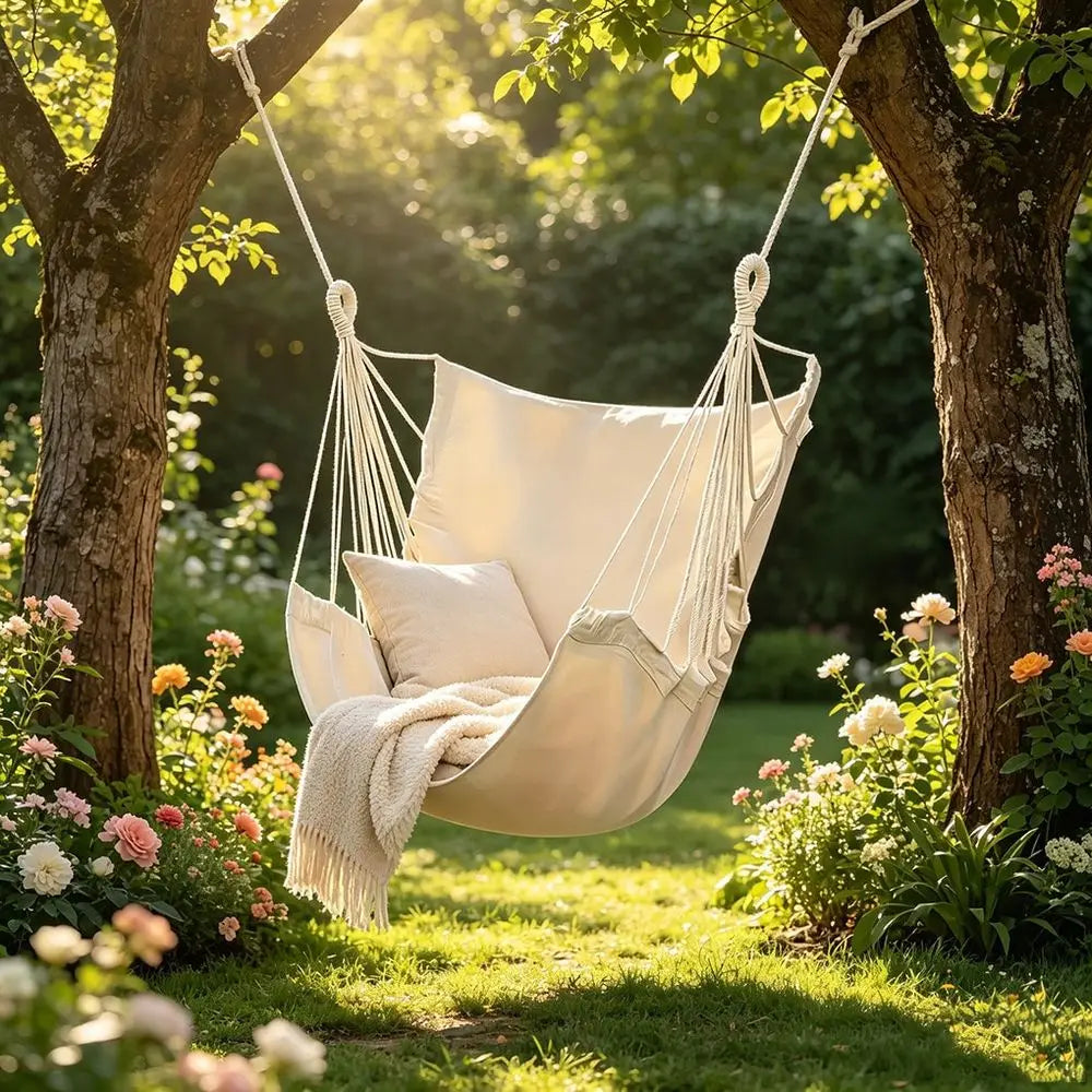 Outdoor Hanging Hammock Chair | Soft Breathable Cotton Swing Chair for Patio, Porch, Garden & Indoor Relaxation