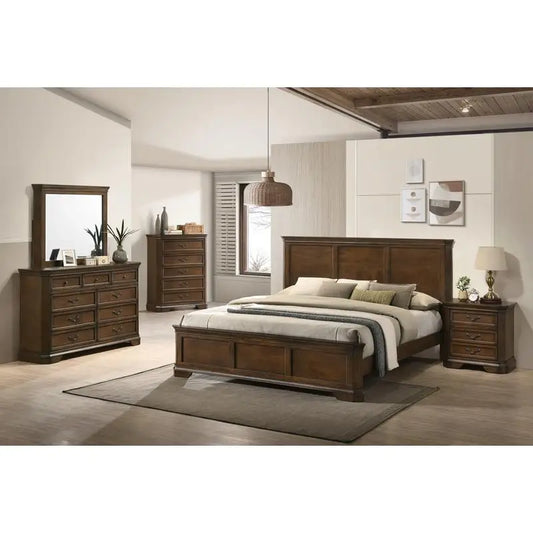 Traditional Wood Panel 5-Piece King Bed Set with Dresser, Mirror, Nightstand, and Chest