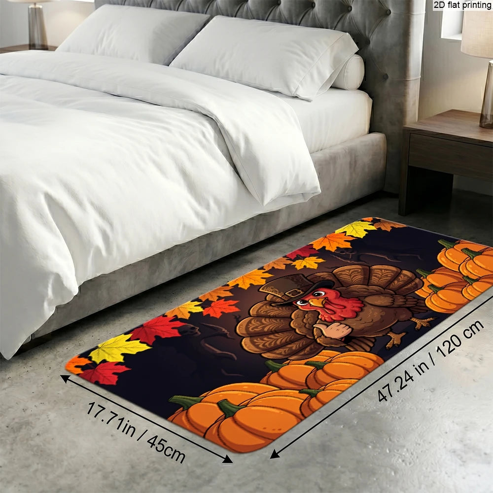Thanksgiving Kitchen Runner Rug. Pumpkin, Turkey & Fall Leaves Non-Slip Floor Runner for Autumn Harvest Home Décor