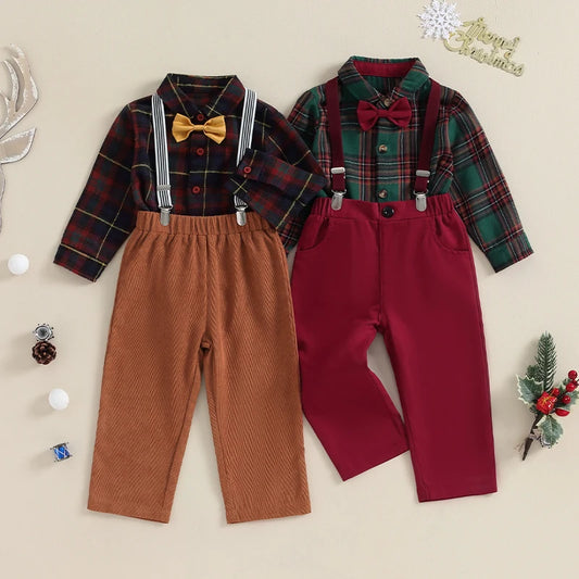 Boys Christmas Plaid Outfit Set. Long Sleeve Shirt, Pants & Bow Tie for Toddlers and Kids