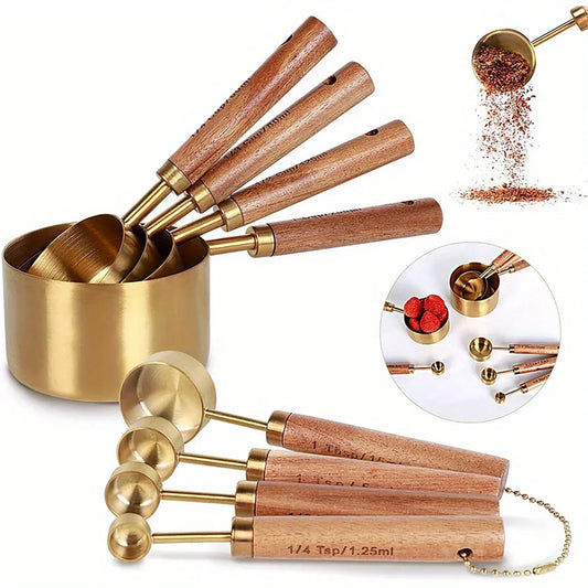 4/8Pcs Measuring Cups Spoons Stainless Steel Gold Wooden Handle Baking Tools Coffee Bartending Scale Kitchen Accessories Set