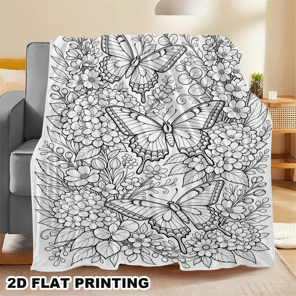 Adult Coloring Butterfly Floral Flannel Blanket, Soft Skin-Friendly Throw for Bedroom Nap, Creative DIY Stress-Relief Gift