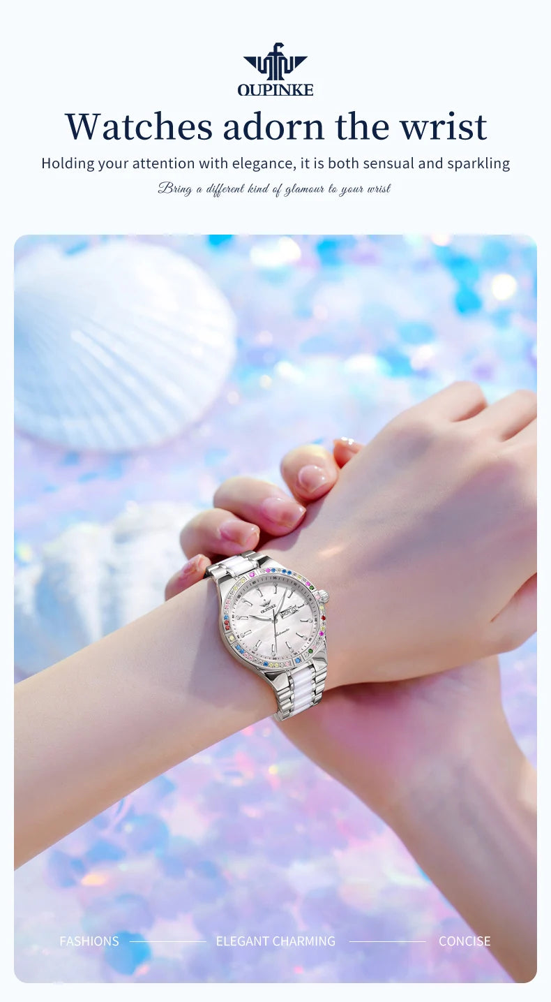 OUPINKE 3283 Luxury Woman Watch Japan Automatic Mechanical Wristwatches Elegant Ceramics Strap Waterproof Ladies Dress Watches