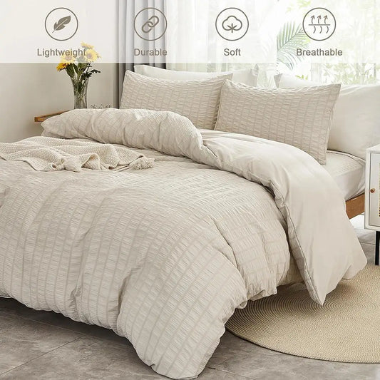 Ultra Soft Seersucker Duvet Cover Set King Size 3 Pieces Wrinkled Microfiber Bedding with Metal Zipper and Corner Ties