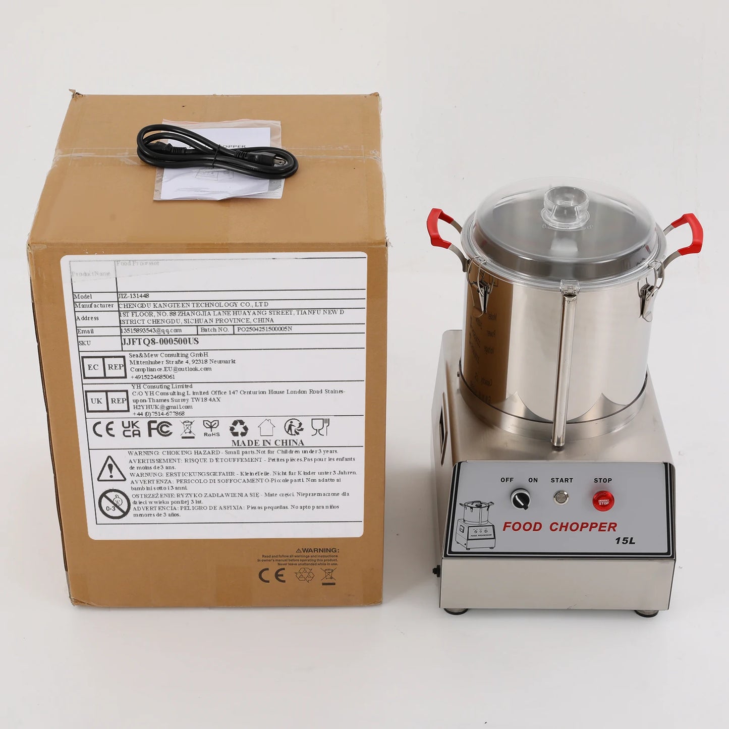15L 201 Stainless Steel Silver Food Processor Chopping Machine 110V ,Tabletop 1400rpm for Restaurants, Cafeterias